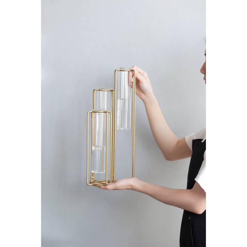 Rossetta Oversized Minimalist Lines Industrial Intrigue 3-Bottle Pedestal Beaker Vase with Metal Frame