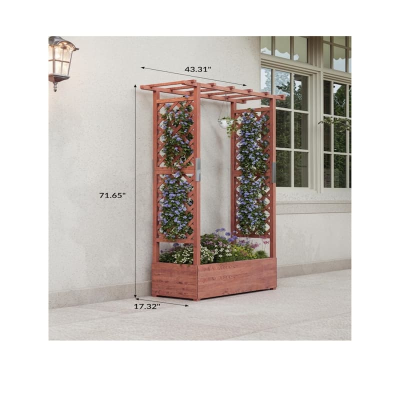 43x17x72Inch Elevated Wooden Garden Bed with Trellis and Hanging Roof Wood Planter Box 4 Drainage Holes