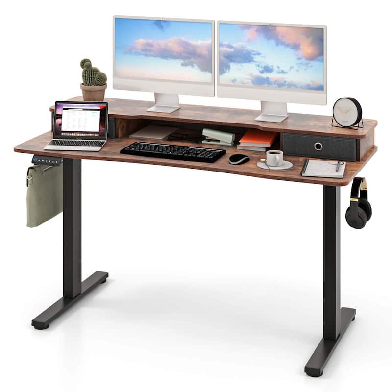 Costway 55"x 24" Electric Standing Desk with 2 Drawers Monitor Stand - See Details - Brown