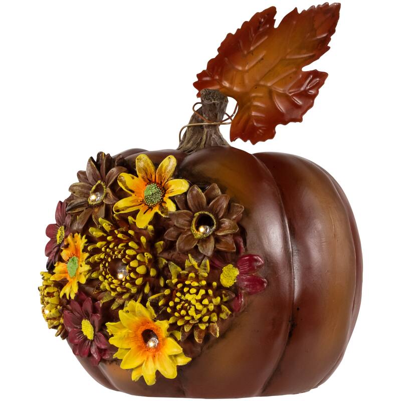 7.75" Brown Red LED Solar Floral Pumpkin Thanksgiving Table Decor