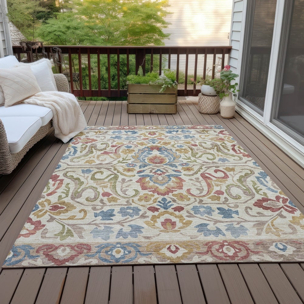 Machine Washable Indoor/Outdoor Floral Watercolor Chantille Rug
