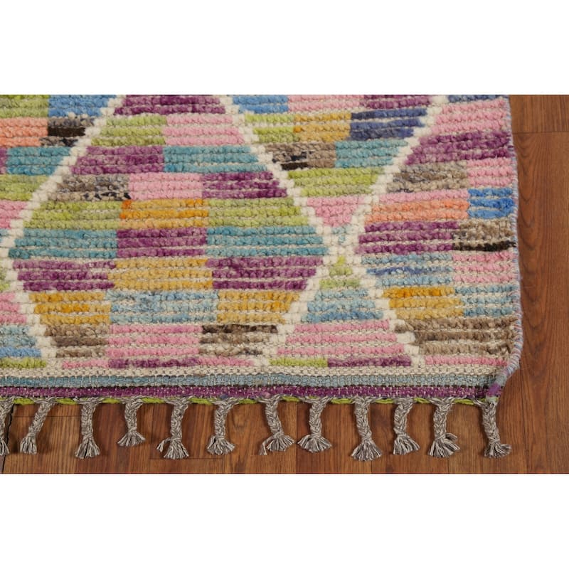Multicolor Trellis Moroccan Runner Rug Hand-Knotted Wool Carpet - 2'7"x 12'10"