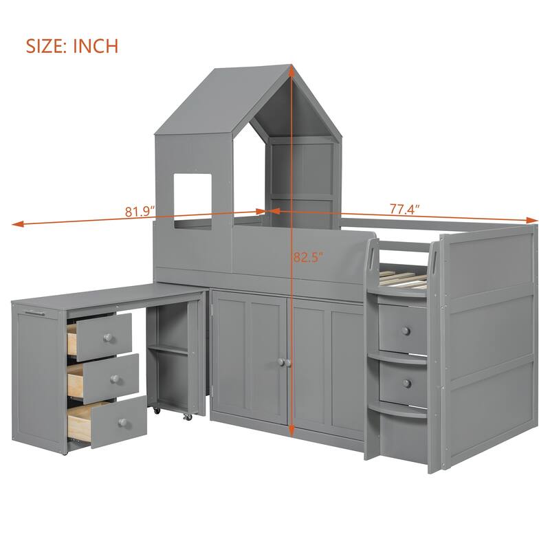 Twin Wood Loft Bed with Desk, Drawers & Cabinets, Space-Saving Design