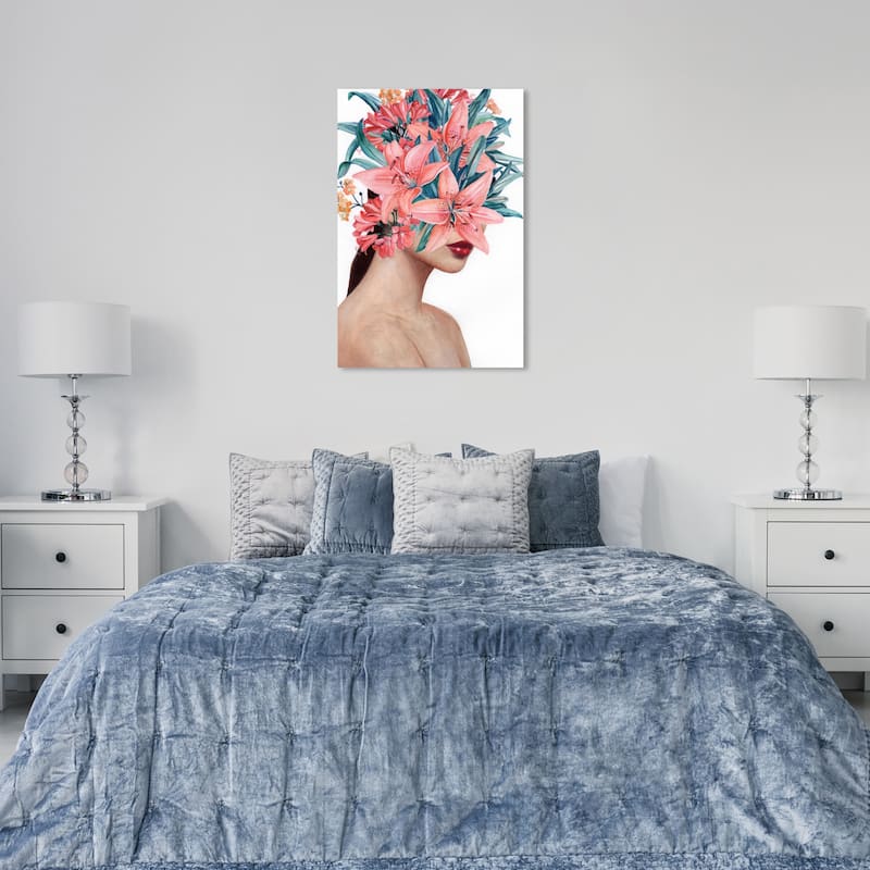 Wynwood Studio Fashion and Glam Floral Face Orange and Coral Modern & Contemporary Wall Art Canvas Print - 36 x 24