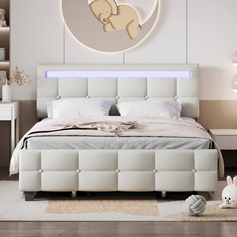 Upholstered Platform Bed with LED Frame and Drawers