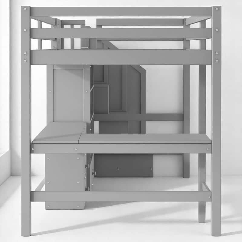 Space-Saving Full Loft Bed with Storage Stairs, Desk, Drawers & Cabinet - Solid Pine & MDF Construction