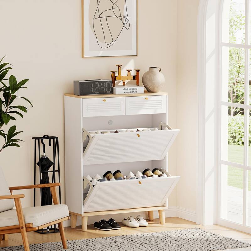 Homy Casa Compact Shoe Storage Bench 2 Flip Doors 2 Drawers, White - 2Doors2Drawers