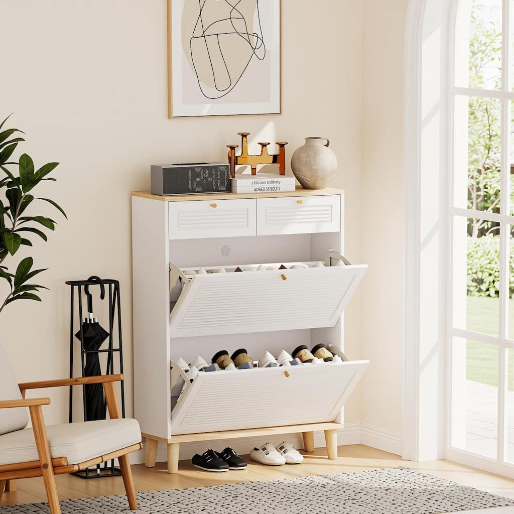 Homy Casa Compact Shoe Storage Bench 2 Flip Doors 2 Drawers, White