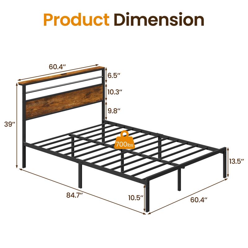 Vintage Industrial Bed Frame with Storage & LED Lights