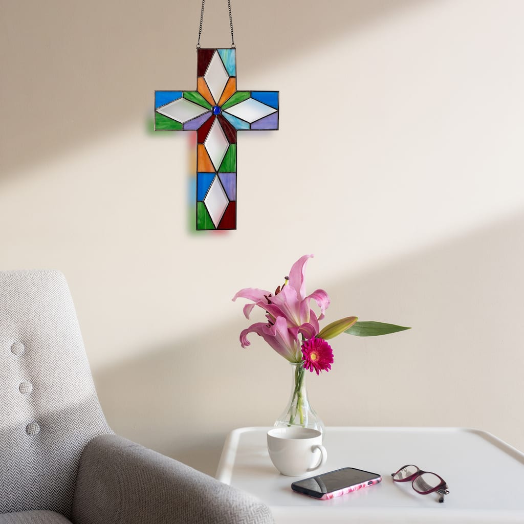 River of Goods 15-Inch Multicolor Cross Stained Glass Window Panel - 10" x 0.25" x 15"