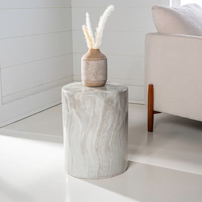 Luke 16" Modern Minimalist Faux Marble Column Indoor/Outdoor Accent Table, by JONATHAN Y