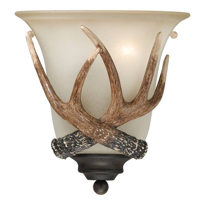 Yoho 1 Light Bronze Rustic Antler Flush Wall Sconce Cream Glass - 9-in W x 10-in H x 5.5-in D