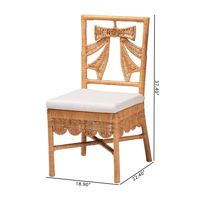 Abia Natural Rattan Dining Chair - Handwoven Wicker Accent Side Chair with Bow and Ribbon Design, Artisanal Seating
