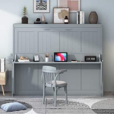 Full Size Murphy Bed with Hydraulic Lift & Desk Design, Gray