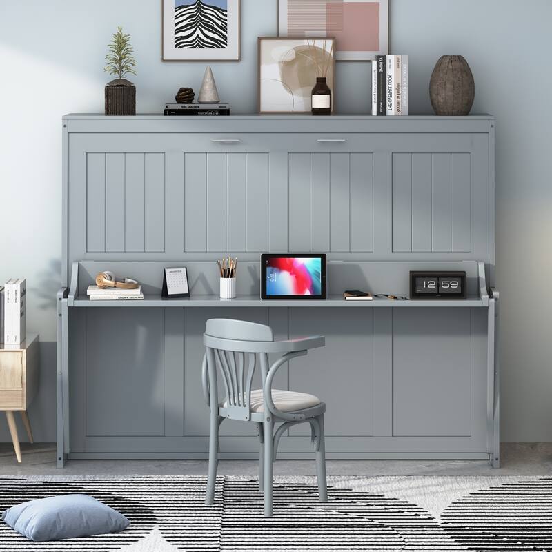 Full Size Wall Murphy Bed with Desk & Storage Shelf, Solid Wood Platform Bed Frame w/Hydraulic Lift for Guest Room Home Office