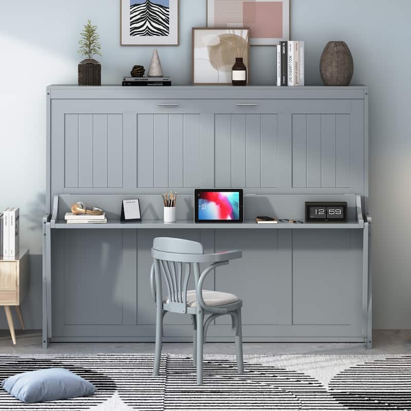 Murphy Bed with Hydraulic Lift & Desk Design - Grey - Full
