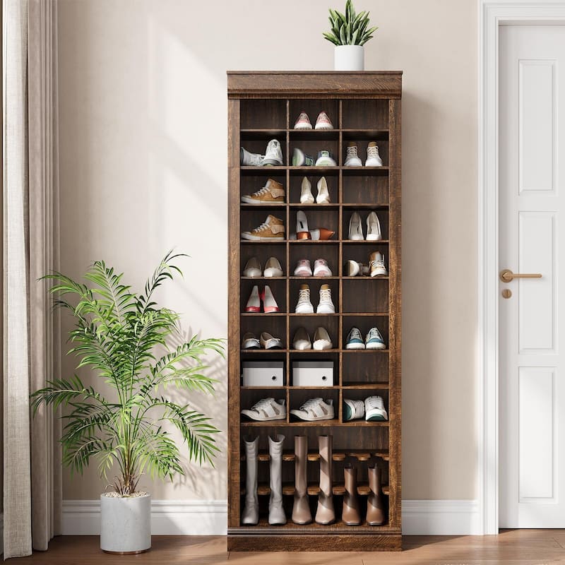 10-Tier Tall Shoe Cabinet with Boot Rack & 27 Cubbies