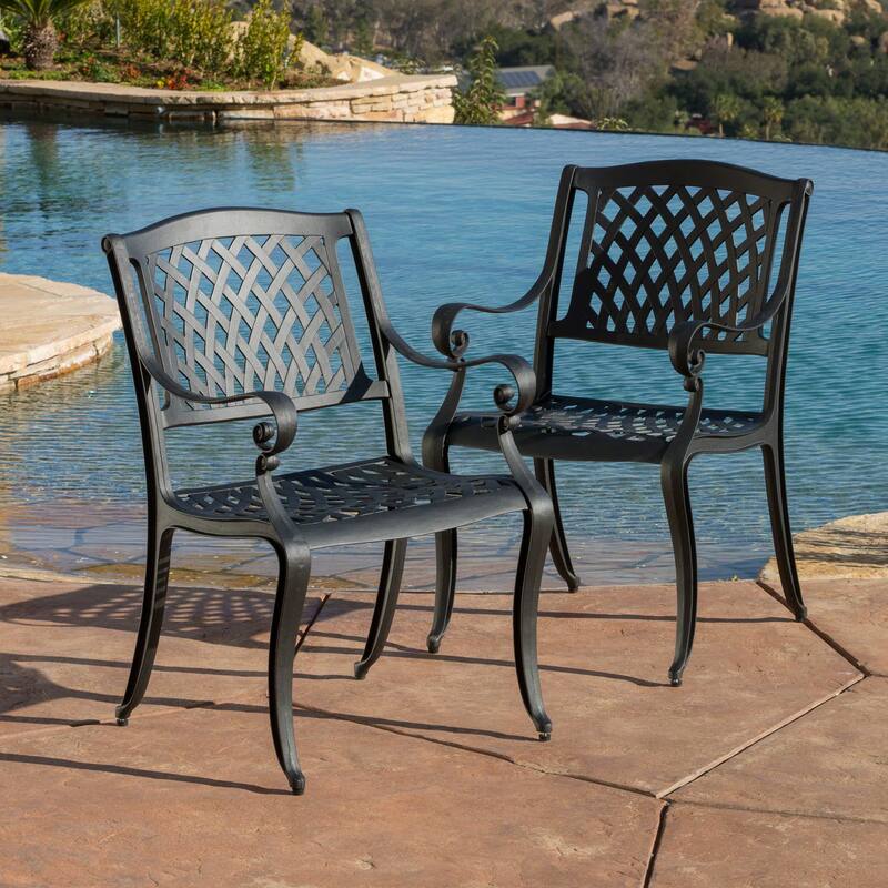 Roomfitters Cast Aluminum Outdoor Chairs with Lattice Backrest & Armrests, Set of 2, Weather-Resistant, Black - Black