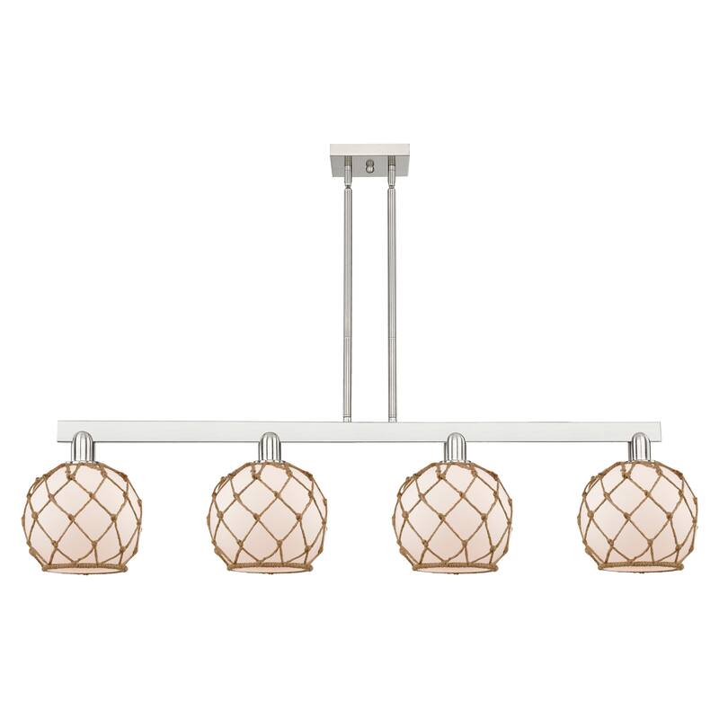 Innovations Lighting Endless Possibilities Arcadia - Farmhouse Rope - 4 Light 51" Stem Hung Island Light - White Glass with Brown Rope/Brushed Satin Nickel
