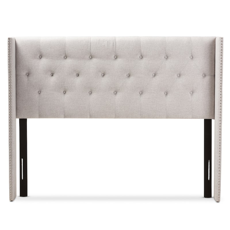 King Size Winged Headboard - Fabric Upholstered Bed Headboard, Greyish Beige, Button Tufted Nailhead Trim