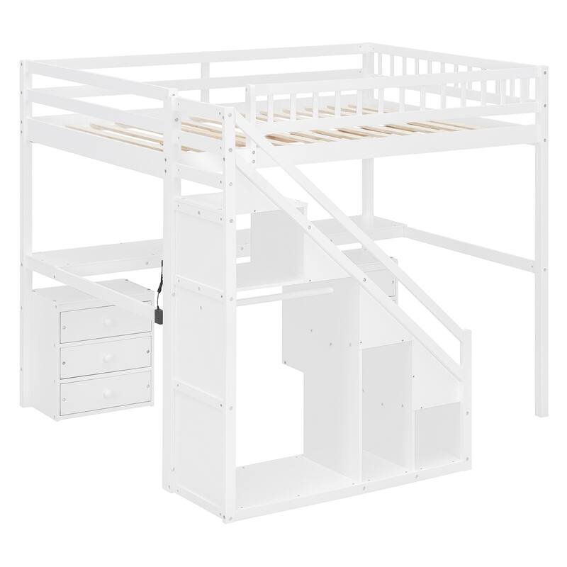 Roomfitters Twin/Full Size Loft Bed with Desk, Two Chests of Storage Drawers and Lighting