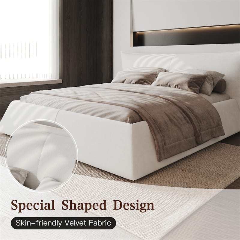 King Size Upholstered Platform Bed with Velvet Headboard & Wood Frame
