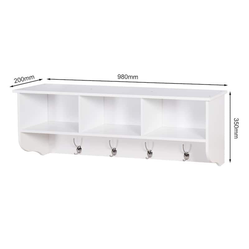 White Wall Mounted Cubby Shelf with 4 Dual Hooks