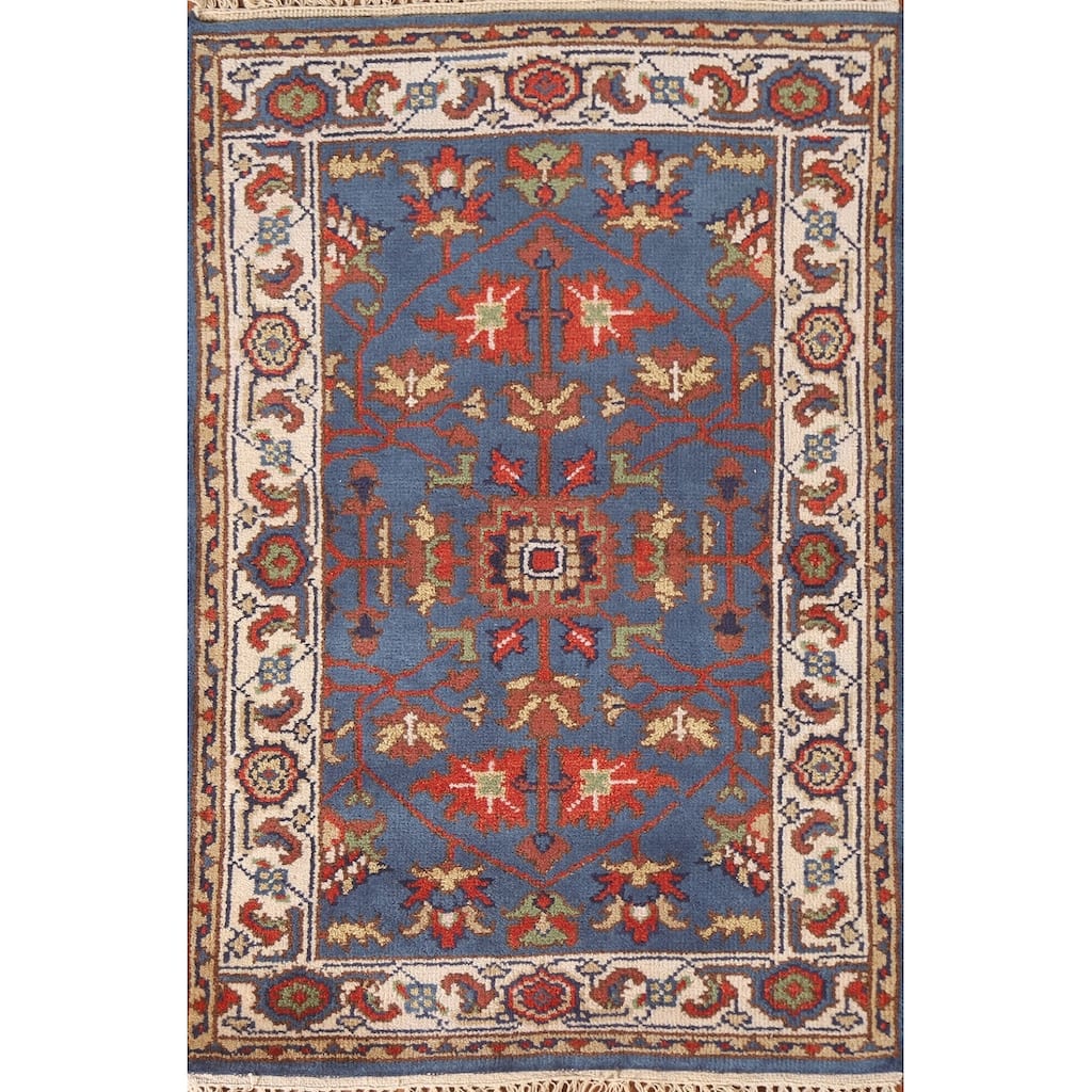 Blue Floral Oushak Indian Area Rug Hand-knotted Wool Carpet - 3'0"x 4'9"