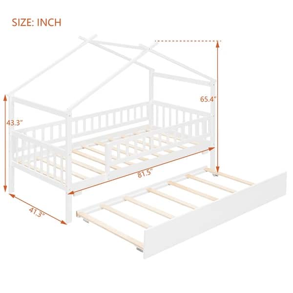 dimension image slide 3 of 4, Montessori Bed House Bed with Trundle Bed and Headboard, Wood Daybed Platform Bed Frame No Box Spring Needed for Boys Girls
