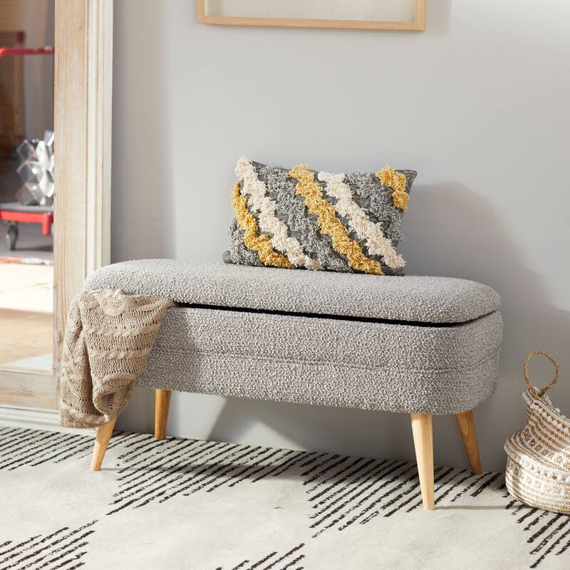 Polyester Rounded Upholstered Boucle Storage Bench with Tapered Wood Legs - White or Gray - Roche River Decor