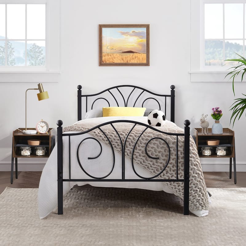 Taomika 3-Pieces Modern Black Metal Bed Frame and Brown Nightstand Sets