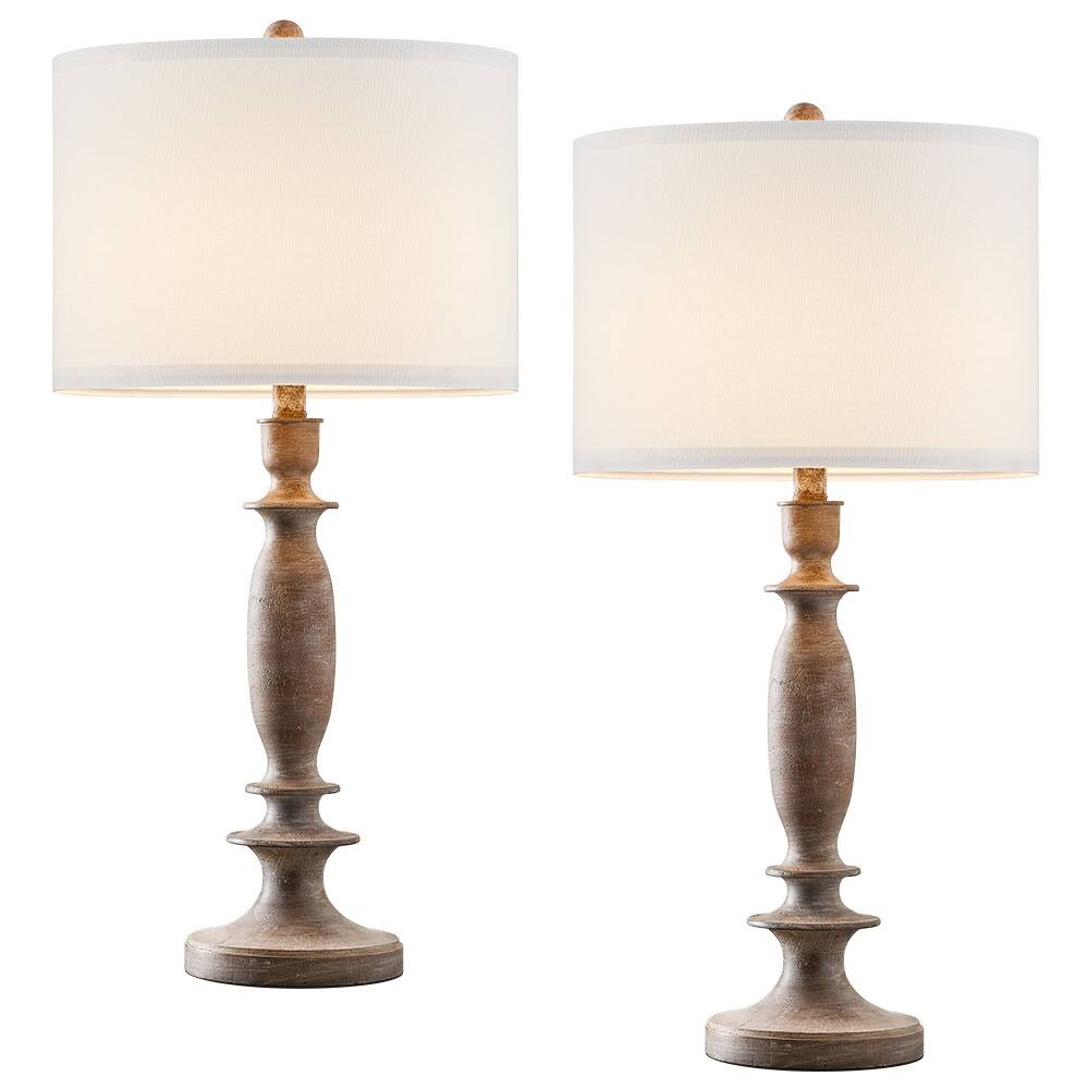 29 in. Wood Farmhouse Table Lamp with White Linen Shade, 9.5Watt LED