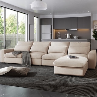 Stylish Linen L Shape Sectional Sofa With Reversible Chaise And Pillows   Comfortable And Upgraded Living Room 