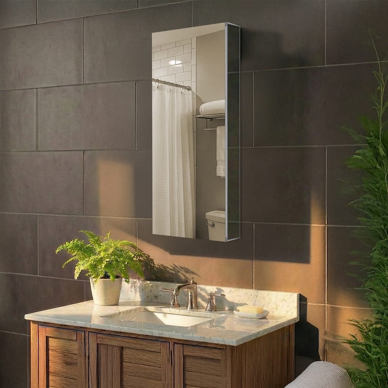 Bathroom Medicine Cabinet, Aluminum, Recessed/Surface Mount, Right/Left Hinged, Mirrored Interior - 15 X 40