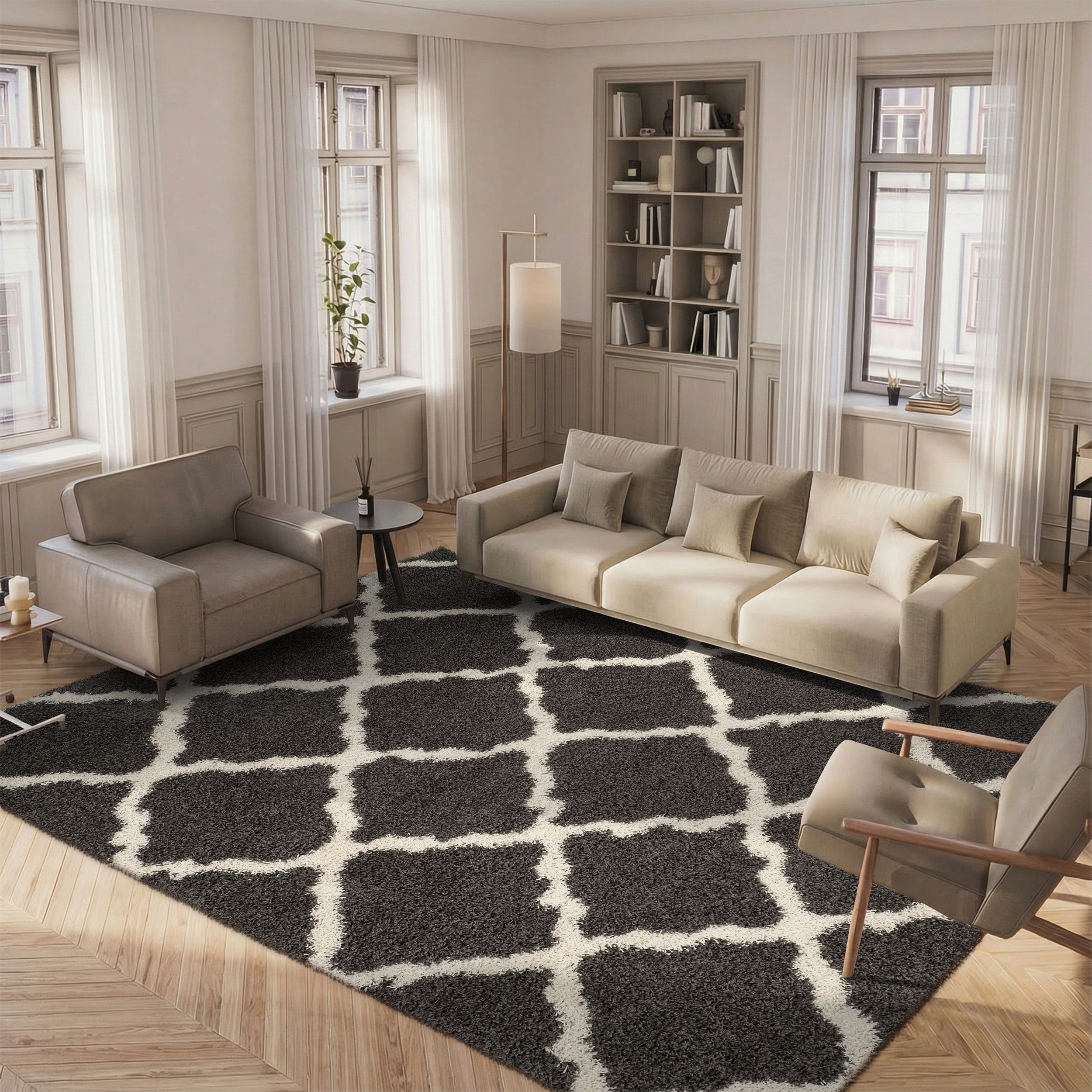 SAFAVIEH Dallas Shag Giusy Trellis 1.5-inch Thick Rug - Ivory/Dark Grey - 8' x 10'