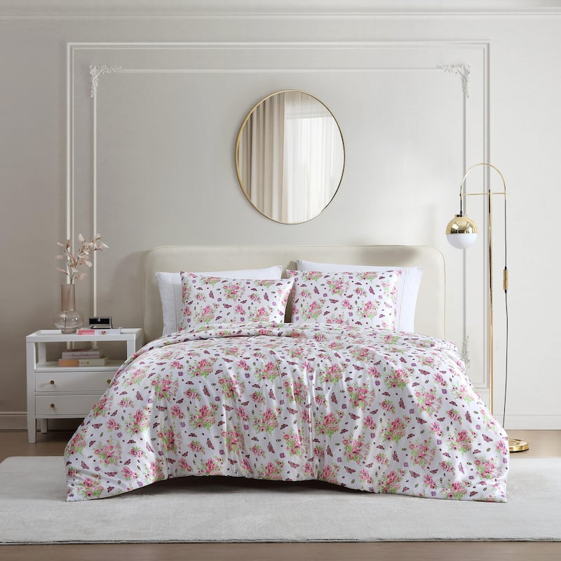 Betsey Johnson Queen Bee Floral Bouquet Reversible Pink Duvet Cover Set