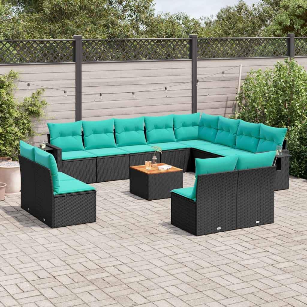 vidaXL 13 Piece Patio Sofa Set with Cushions Black Poly Rattan - 24.4" x 24.4" x 27.2"