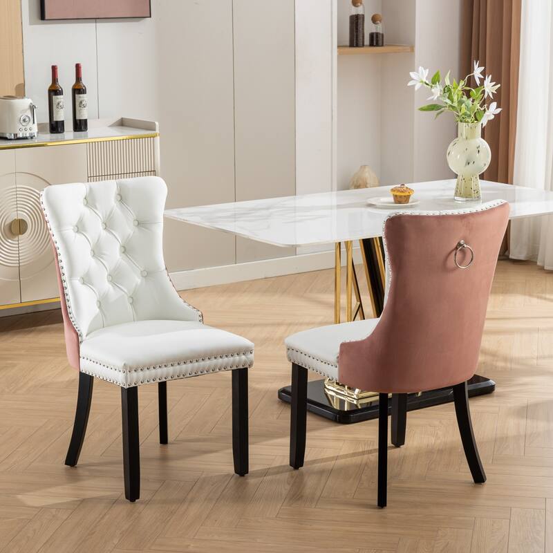 GDF Studio - Modern PU & Velvet Upholstered Wood Dining Chair Set with Nailhead Trim (Set of 2) - White