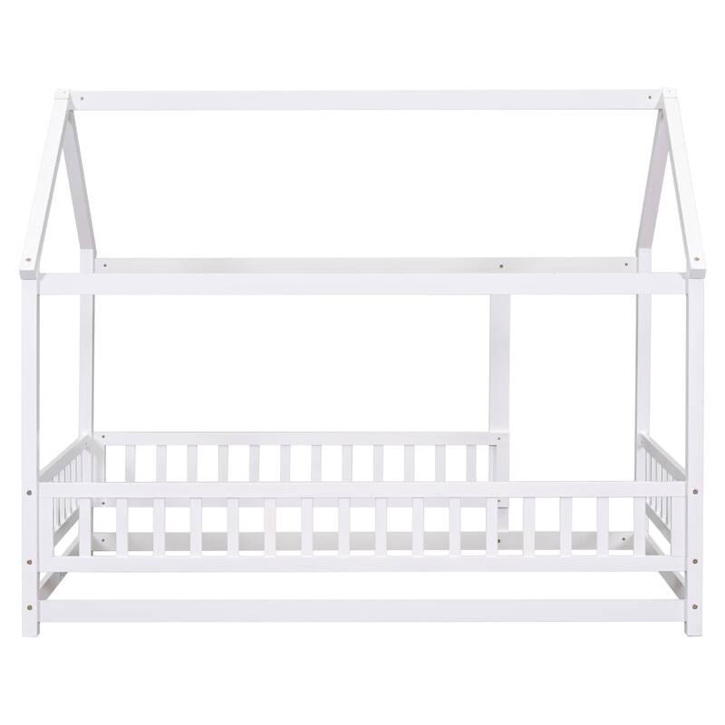 Floor Wooden Bed with House Roof Frame, Fence Guardrails