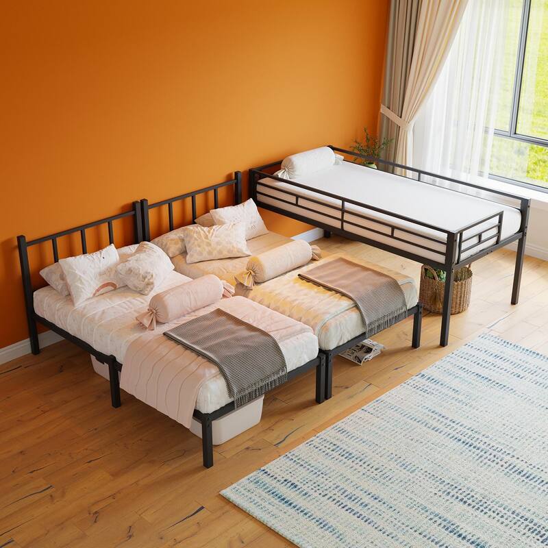 Convertible Triple Twin Bunk Bed with Safety Guardrails, Ladder, and Durable Metal Frame