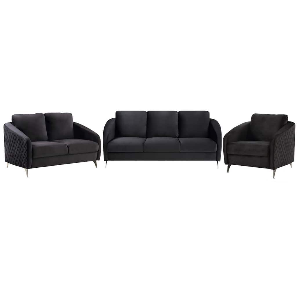 Hida 3 Piece Sofa, Loveseat, and Chair Set, Diamond Stitching, Black Velvet