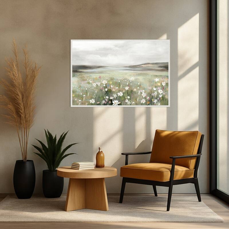 Soft Meadow Under Cloudy Sky by Hannah Dawson Framed Canvas Wall Art Print