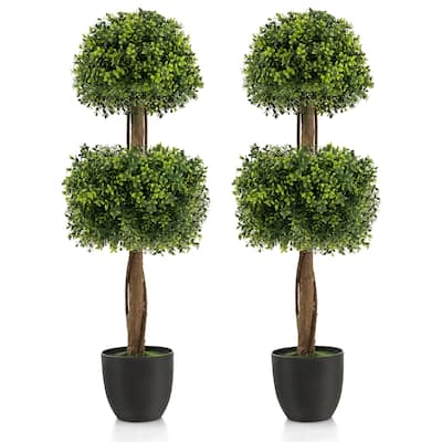 Gymax 2-Pack 40'' Artificial Boxwood Topiary Ball Tree Faux Plant for