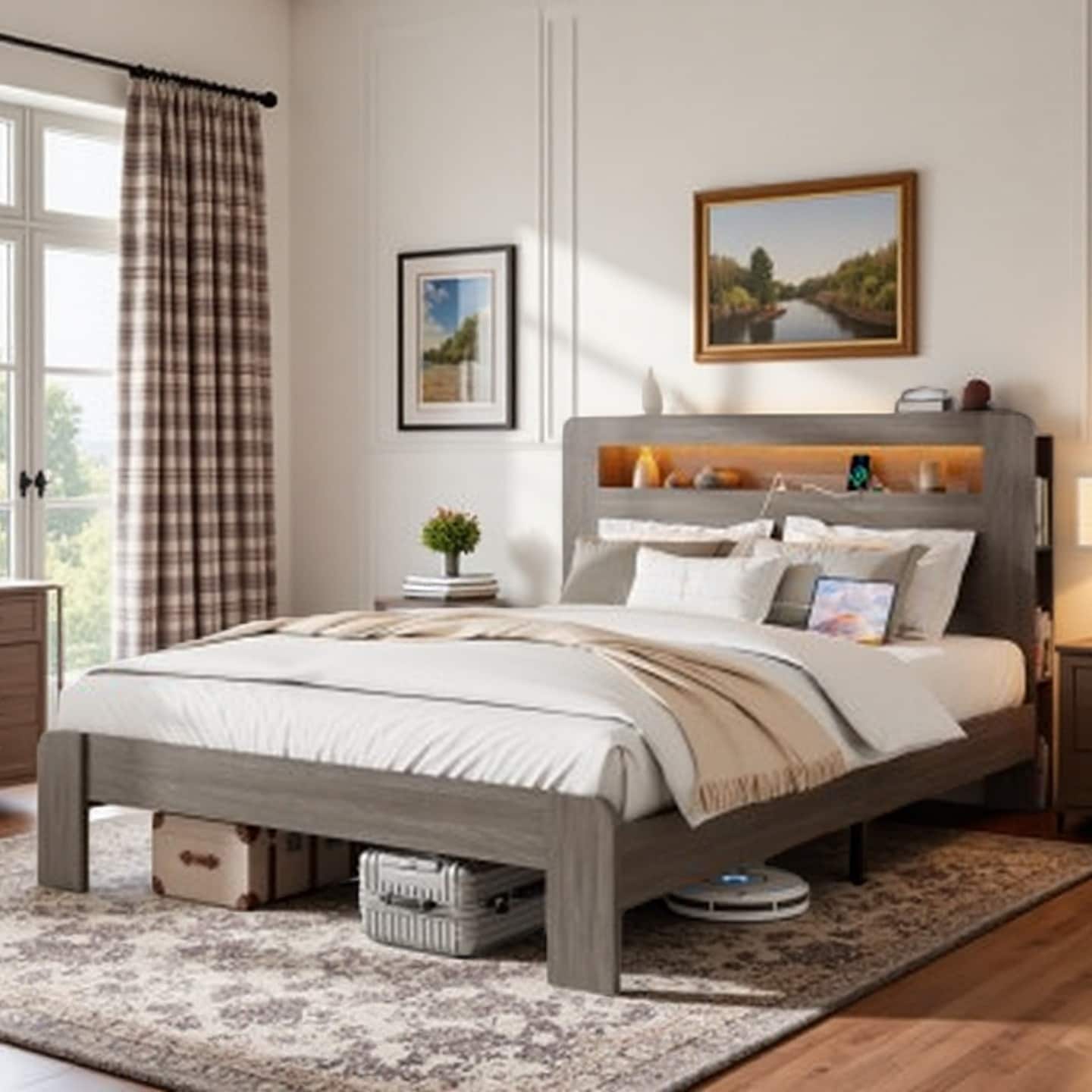 Wood Platform Bed with LED Headboard, Built-in USB & Power Outlets, Noise-Free Slats, Under-Bed Storage, No Box Spring Required