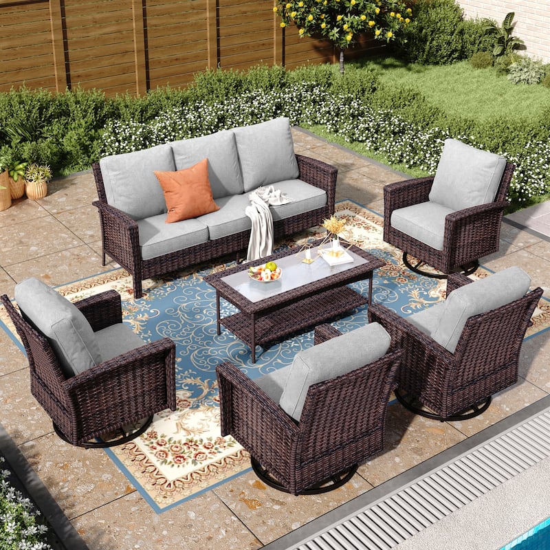 MAISON ARTS Extra-Large Patio Wicker Sofa Conversation Set with Coffee Table, Oversize Seat with 5.5'' Thick Padded Cushion - 7 Seats + 47'' Table - Grey