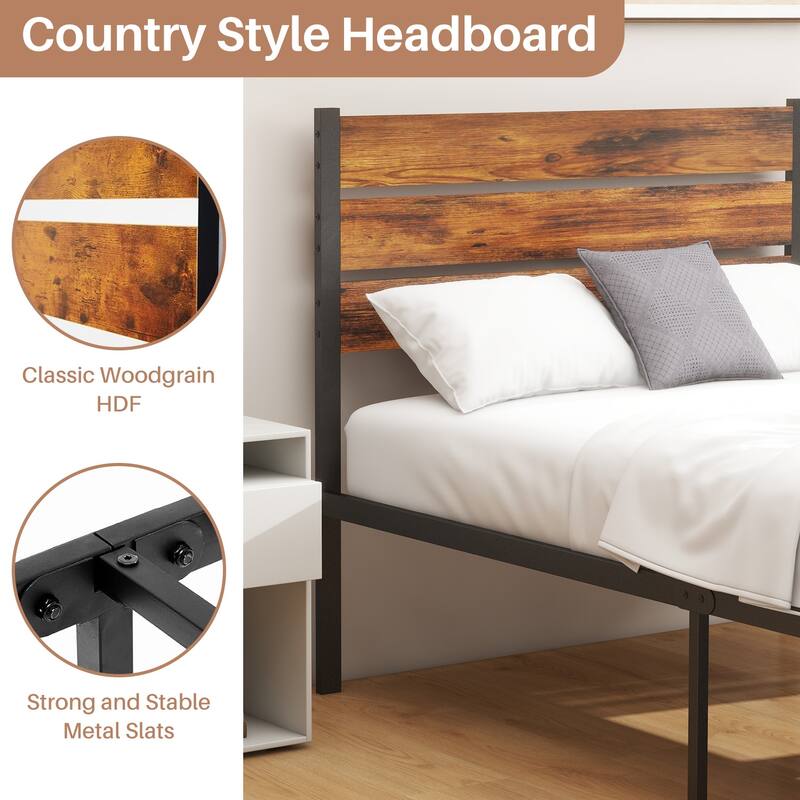 Wood Platform Bed Wood Bed Frame with Headboard, No Box Spring Needed