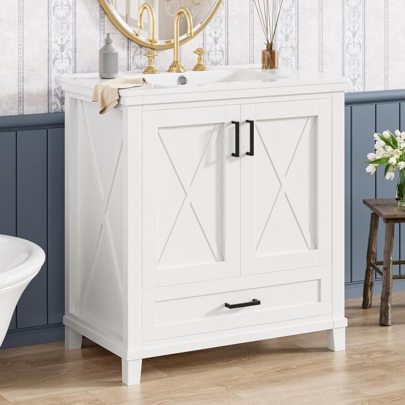 30" Bathroom Vanity with Single Ceramic Sink, 2 Soft-Close Doors, 1 Divided Drawer