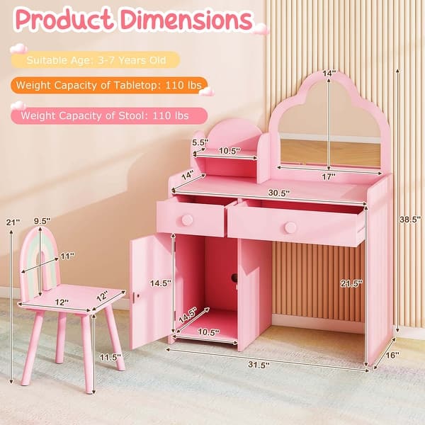 dimension image slide 2 of 3, Costway Kids Vanity Table and Chair Set with Cloud-shaped Mirror Open - See Details