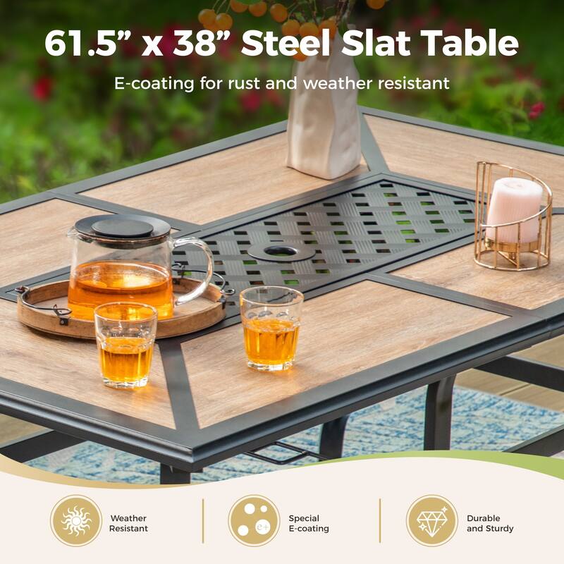 MAISON ARTS Patio Dining Set 7-Piece Metal Wood-look Geometric Rectangle Table and 6 Textilene Chairs