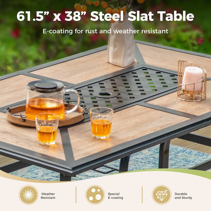 MAISON ARTS Patio Dining Table with Umbrella Hole and Wood-Look Table Top